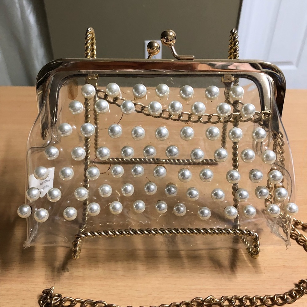 Clear Pearl Shoulder Bag Gold Hardware